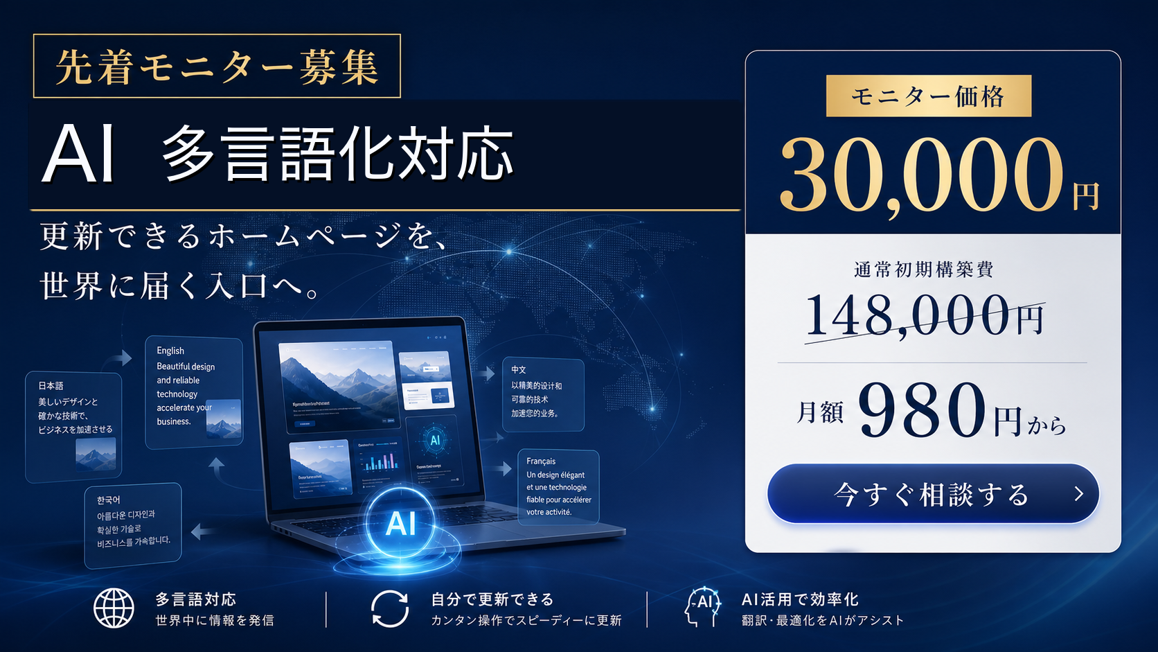 先着モニター募集 AI多言語化対応 更新できるホームページを世界に届ける入口へ モニター価格30,000円 月額980円から
